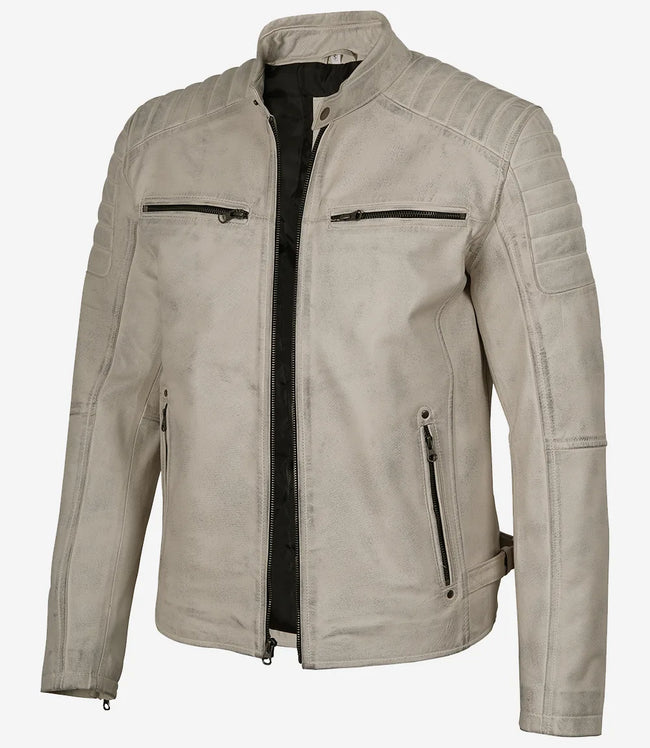 Mens Off White With Gray Wax Biker Leather Jacket