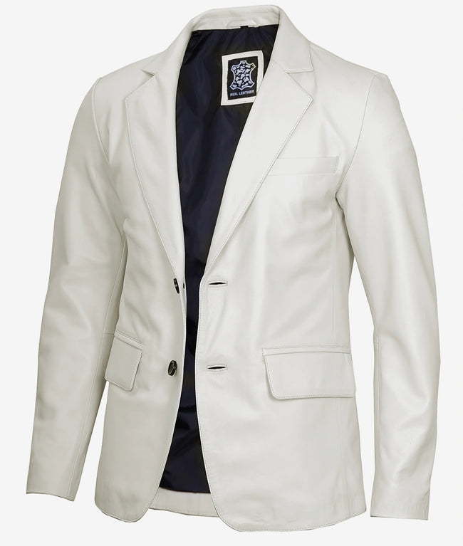 Mens Two Button White Leather Blazer