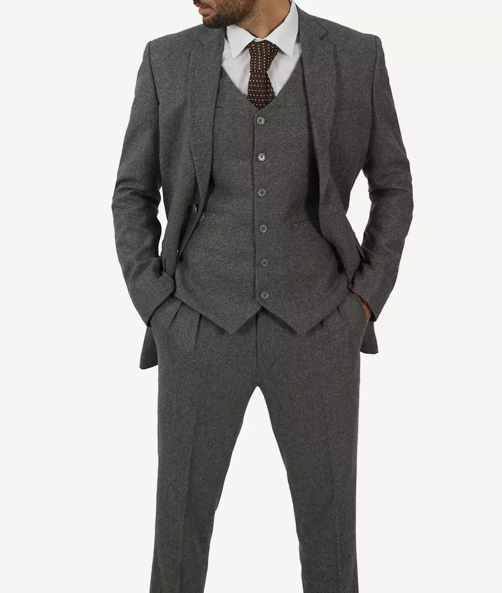 Grey Three Piece Two Button Suit Mens