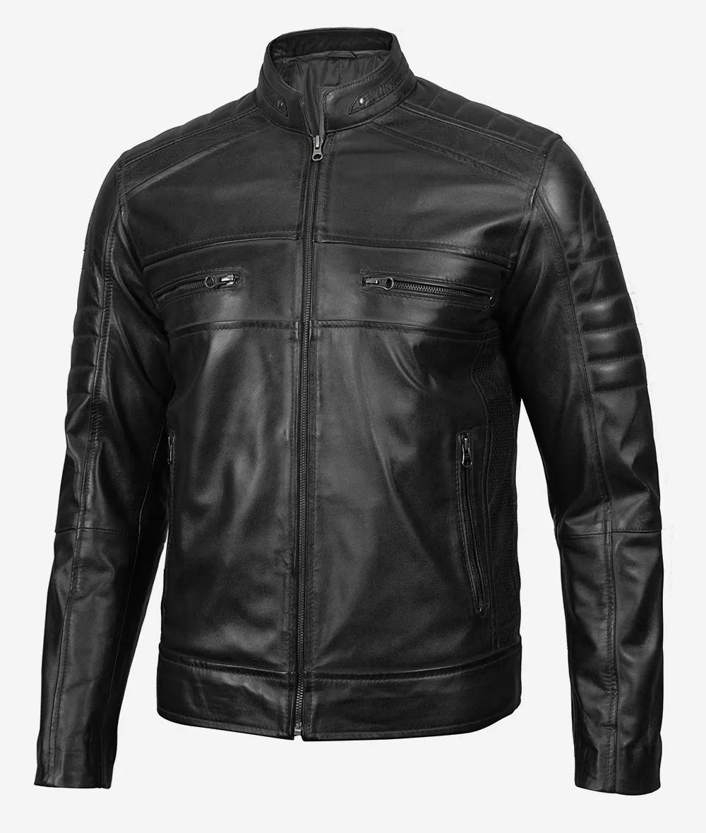 Austin Mens Lambskin Black Cafe Racer Leather Jacket