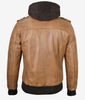 Mens Camel Brown Bomber Leather Jacket With Hood