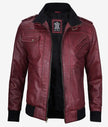 Mens Maroon Bomber Leather Jacket With Hood