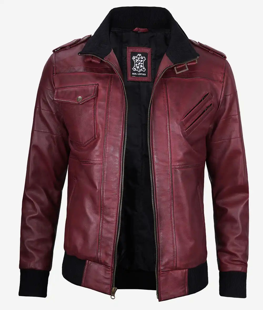 Mens Maroon Bomber Leather Jacket With Hood