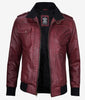 Mens Maroon Bomber Leather Jacket With Hood