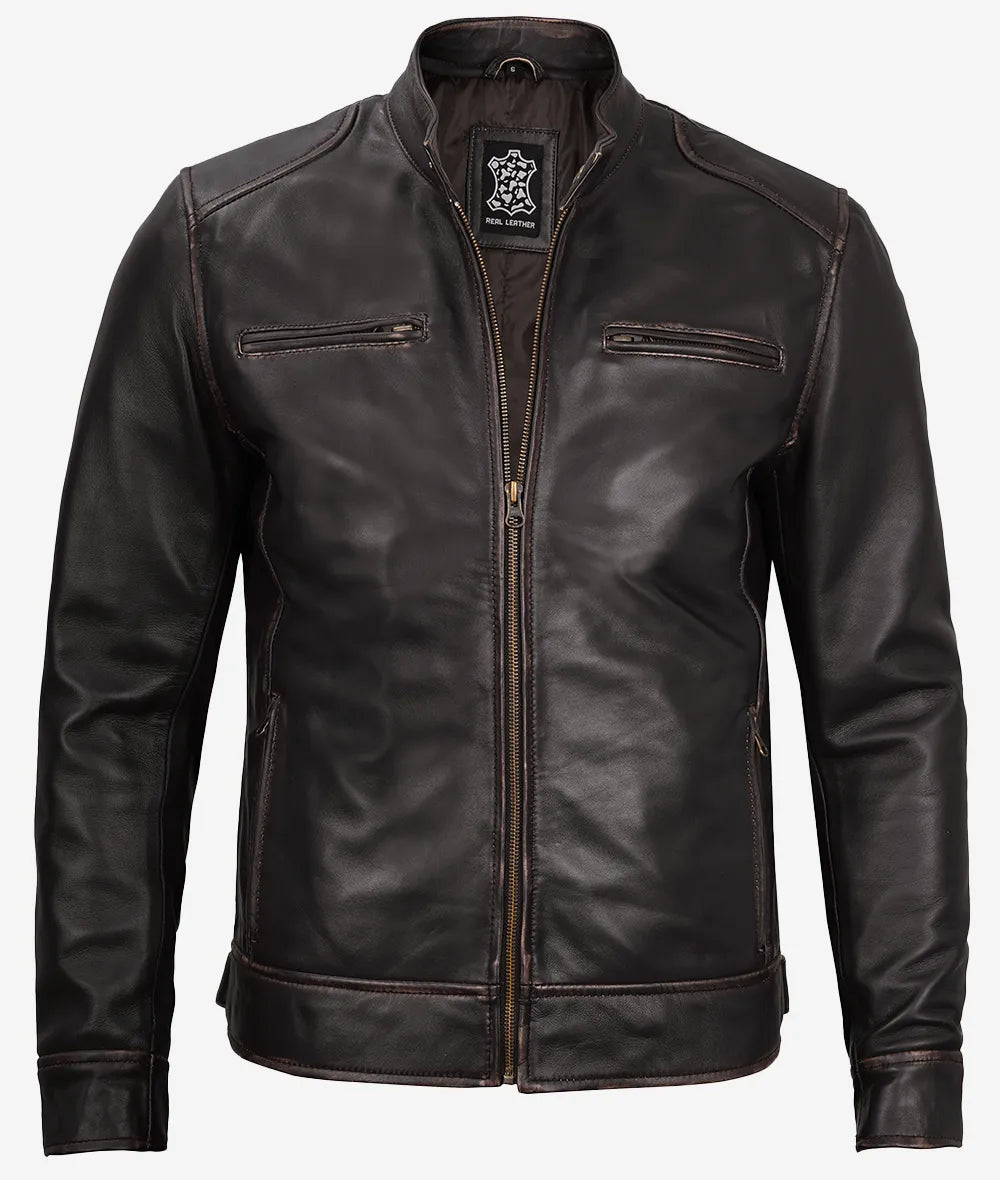 Mens Distressed Brown Moto Racer Jacket