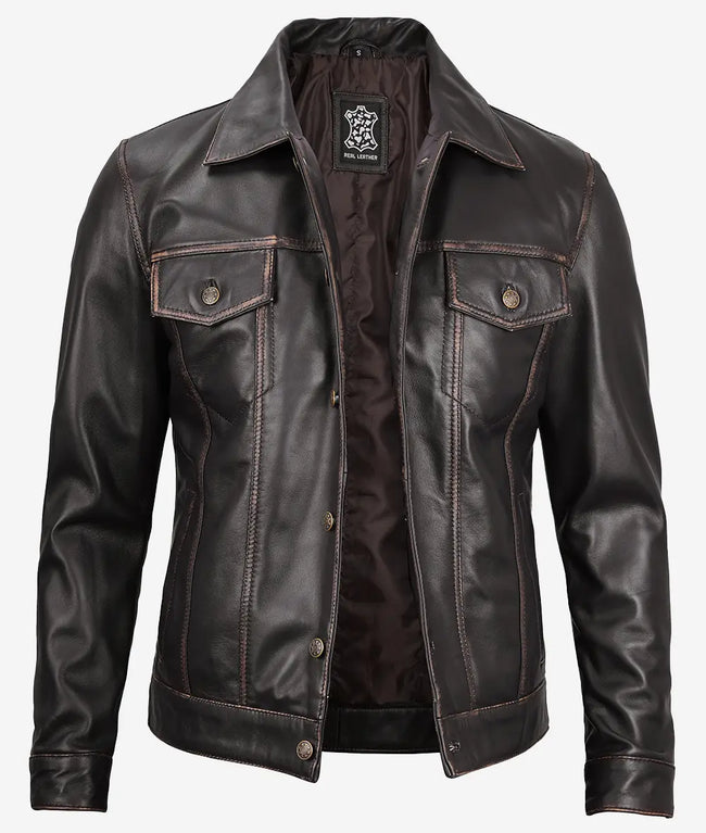 Mens Dark Brown Leather Trucker Jacket