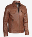 Mens Classic Shirt Collar Cognac Trucker Leather Jacket
