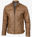 Mens Tall Camel Brown Quilted Leather Biker Jacket