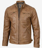 Mens Tall Camel Brown Quilted Leather Biker Jacket