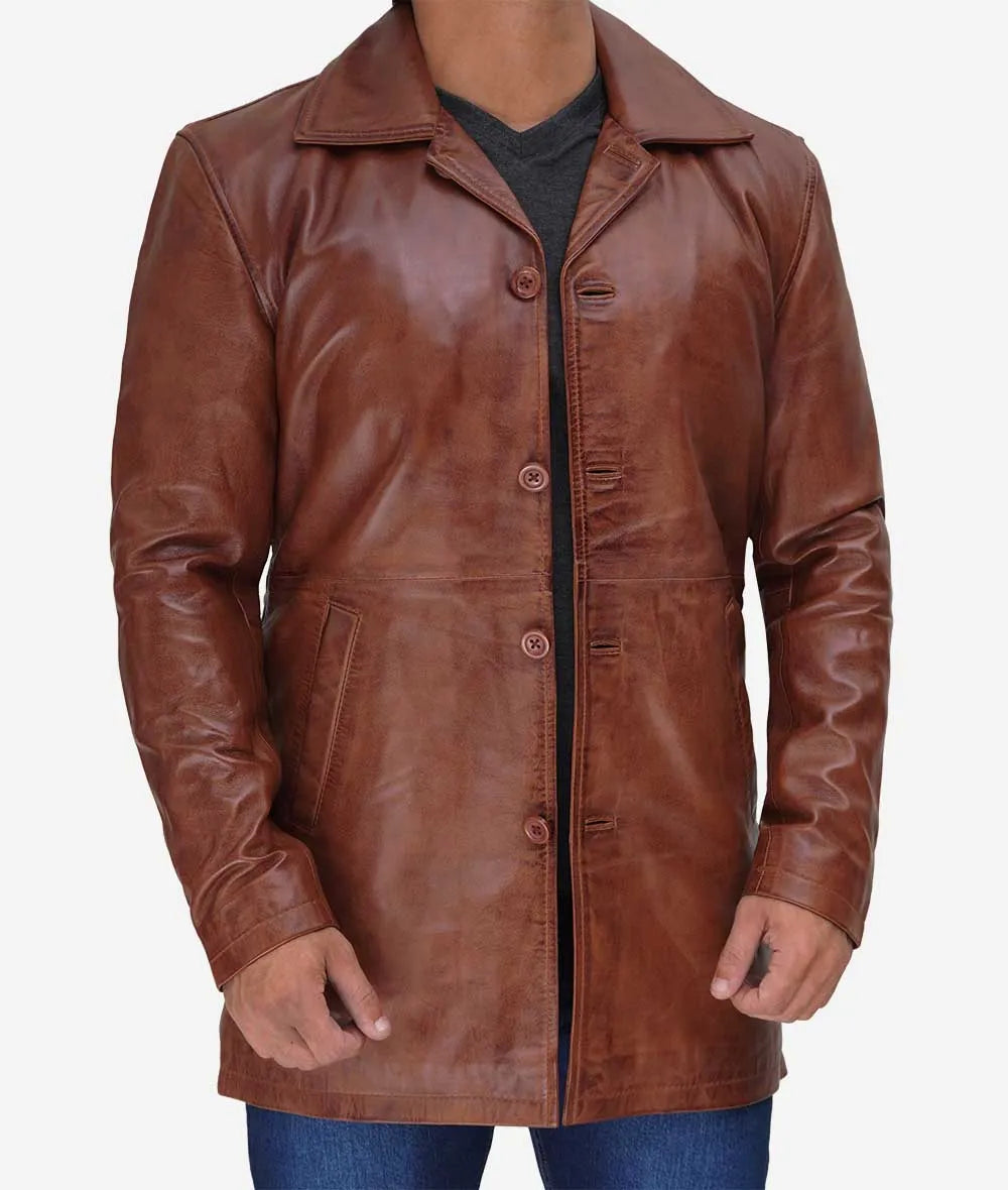Mens Tall 3 4 Length Cognac Leather Car Coat