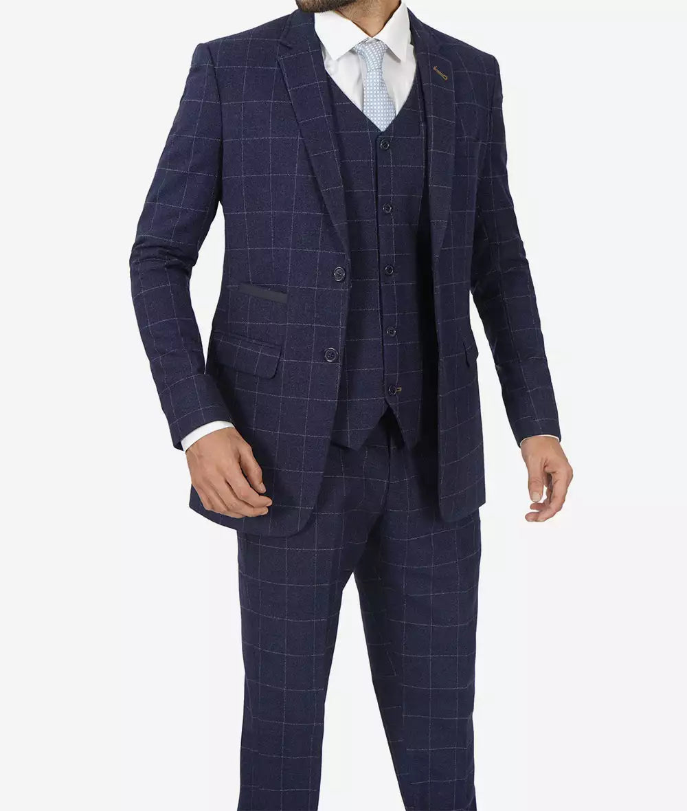 Mens Three Piece Navy Blue Herringbone Suit