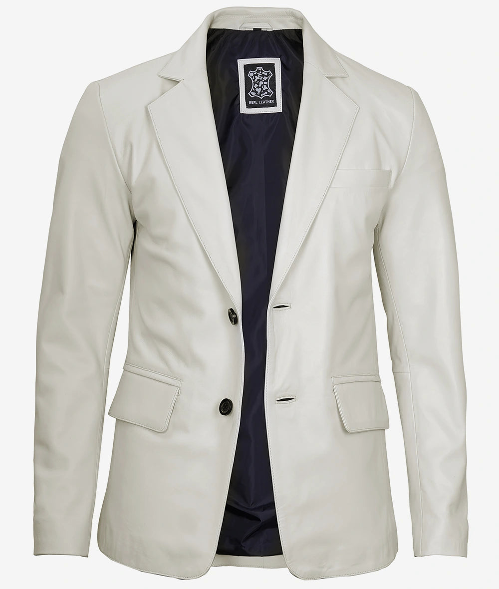 Mens Two Button White Leather Blazer