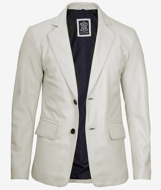 Mens Two Button White Leather Blazer