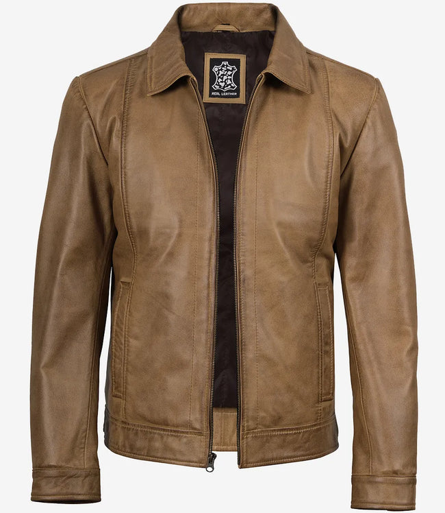Mens Shirt Collar Yellow Waxed Leather Jacket 