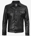 Mens Four Pockets Black Leather Trucker Jacket