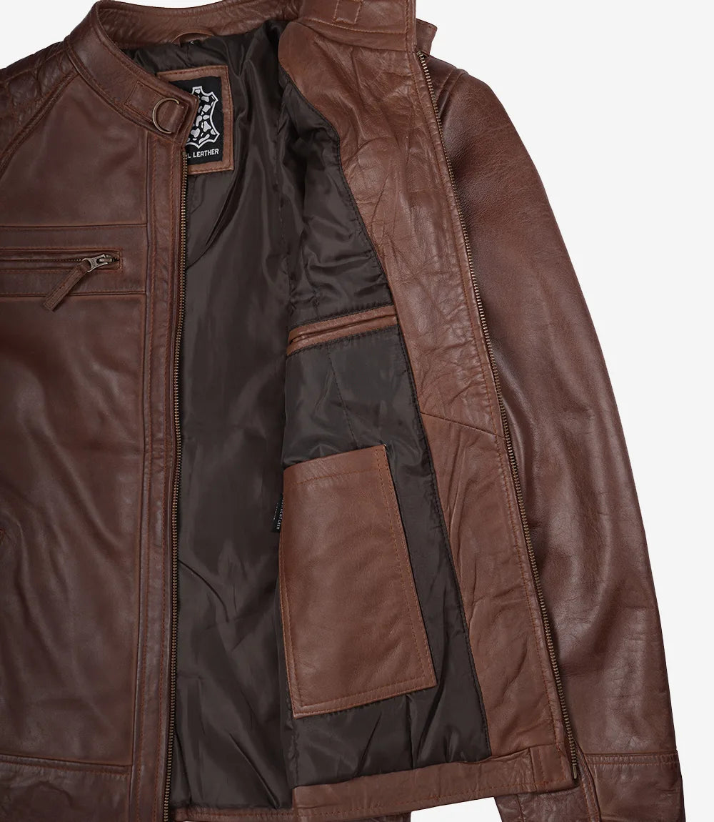 Men's Cognac Brown Quilted Biker Leather Jacket