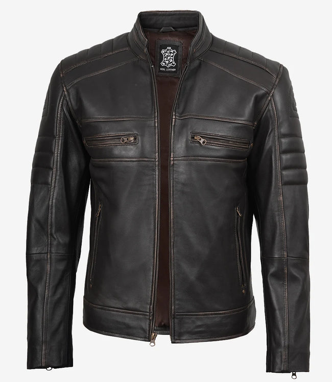 Mens Real Leather Distressed Brown Biker Jacket