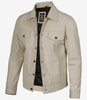 Mens Four Pockets Off White Leather Trucker Jacket