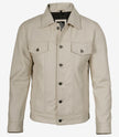 Mens Four Pockets Off White Leather Trucker Jacket