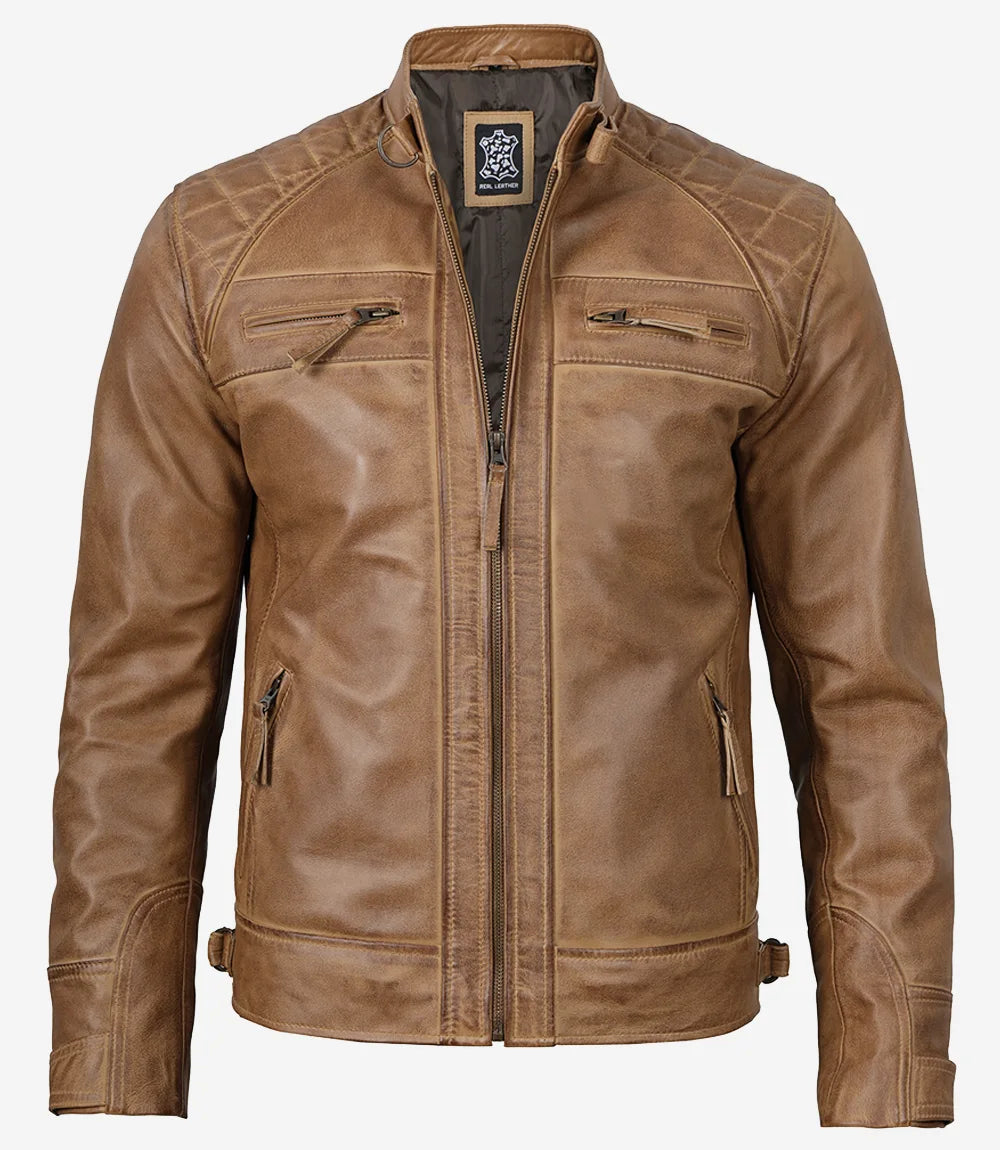 Mens Tall Camel Brown Quilted Leather Biker Jacket