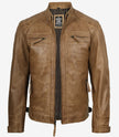 Men's Quilted Shoulder Camel Brown Cafe Racer Leather Jacket
