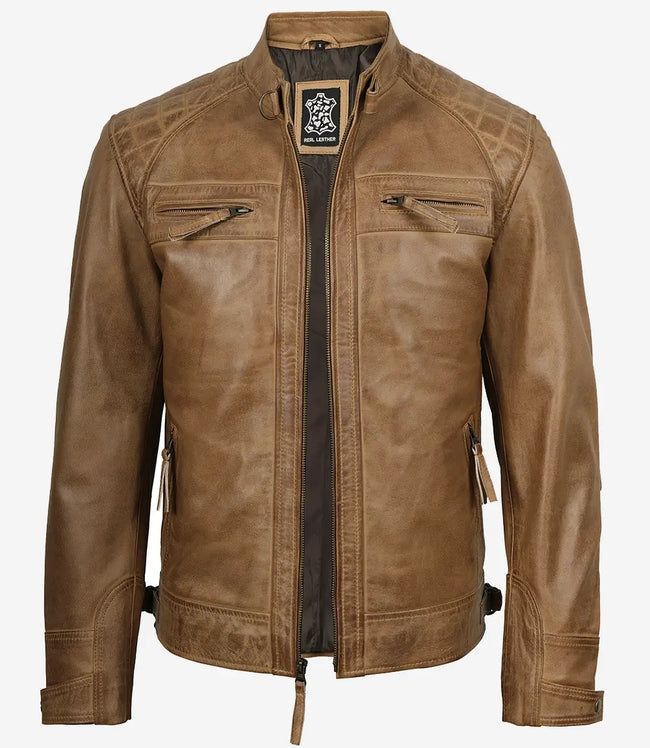 Men's Quilted Shoulder Camel Brown Cafe Racer Leather Jacket