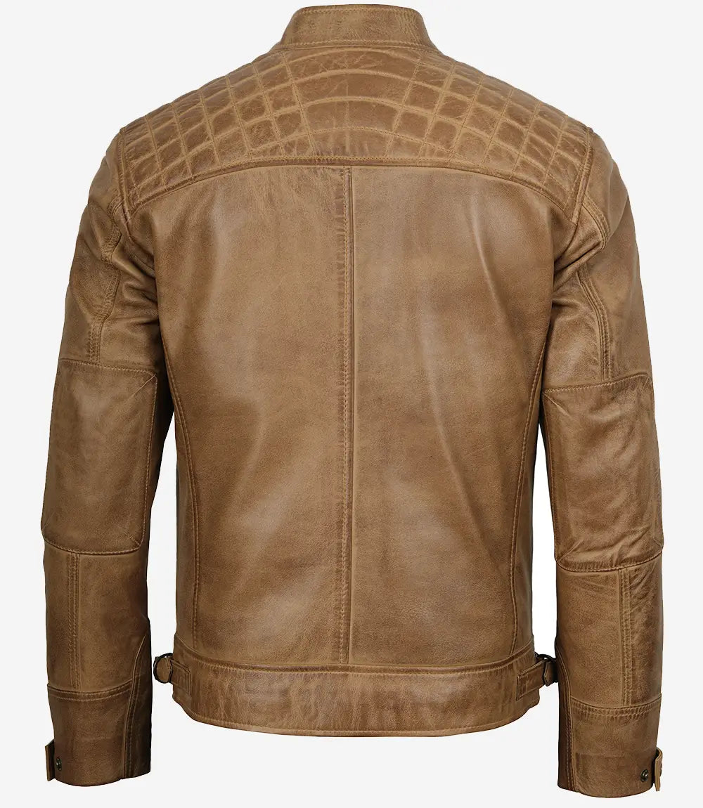Men's Quilted Shoulder Camel Brown Cafe Racer Leather Jacket