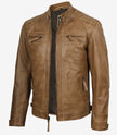 Men's Quilted Shoulder Camel Brown Cafe Racer Leather Jacket