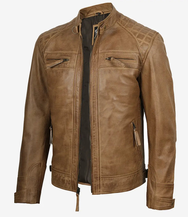 Men's Quilted Shoulder Camel Brown Cafe Racer Leather Jacket