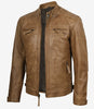 Men's Quilted Shoulder Camel Brown Cafe Racer Leather Jacket