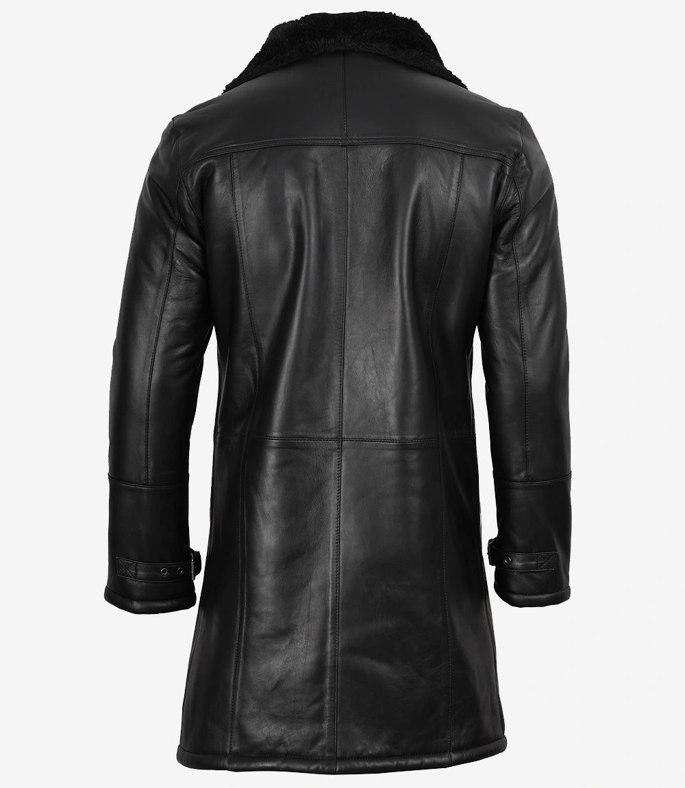 Men's Black 3/4 Length Shearling Leather Coat