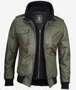 Mens Military Green Bomber Leather Jacket With Hood