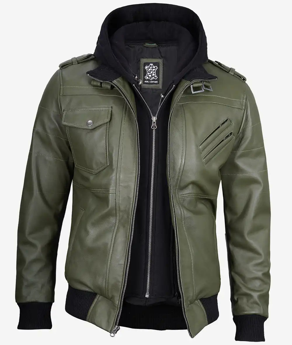 Mens Military Green Bomber Leather Jacket With Hood