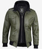 Mens Military Green Bomber Leather Jacket With Hood