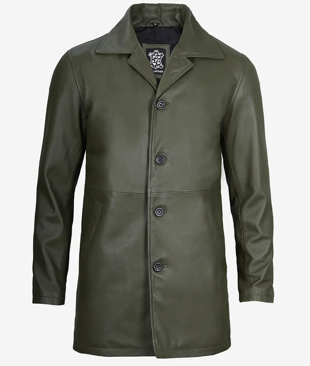 Mens Military Green Leather Car Coat