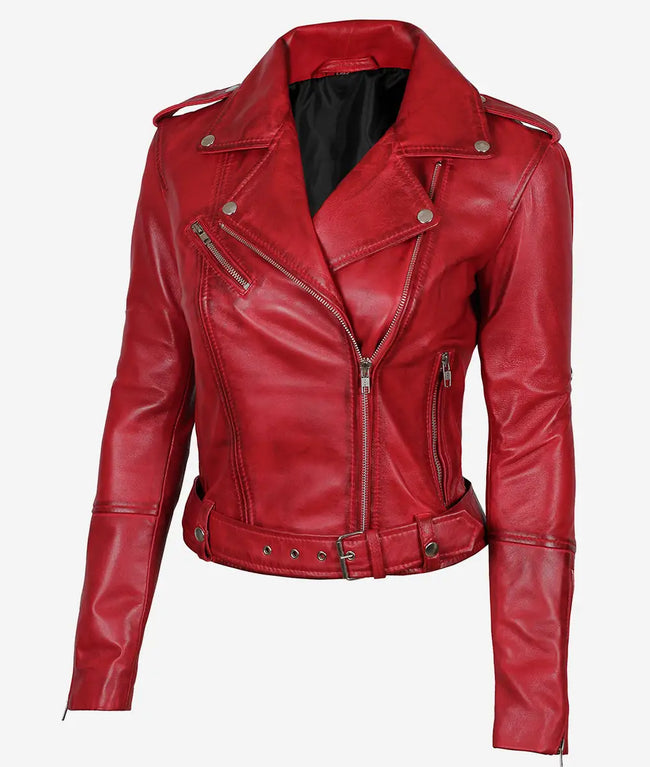 Margaret Womens Red Leather Biker Jacket