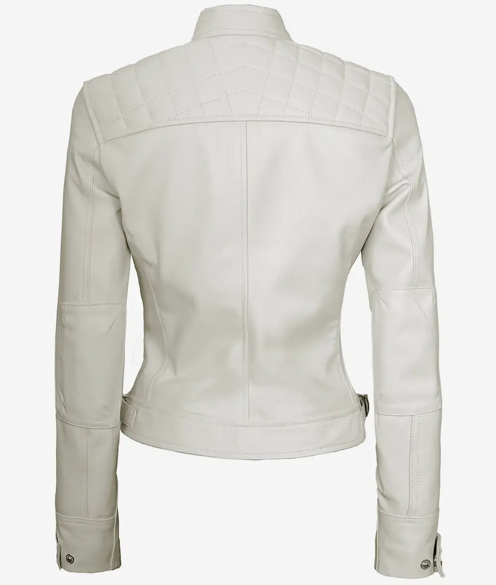 Womens Real Lambskin Leather White Quilted Biker Jacket