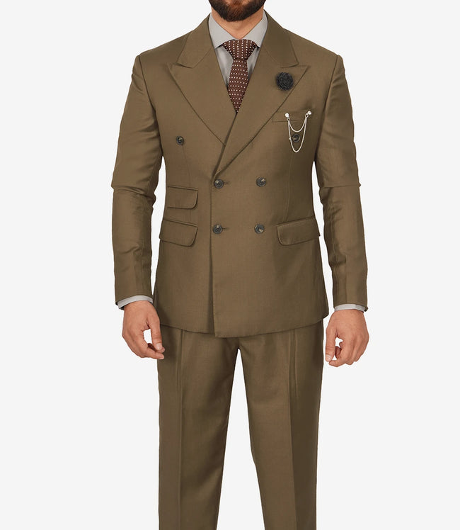 Mens Wide Peak Lapel Double Breasted Brown Suit