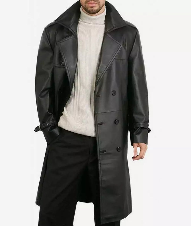 Augusta Guys Black Biker Style Double Breasted Pure Lambskin Leather Overcoat