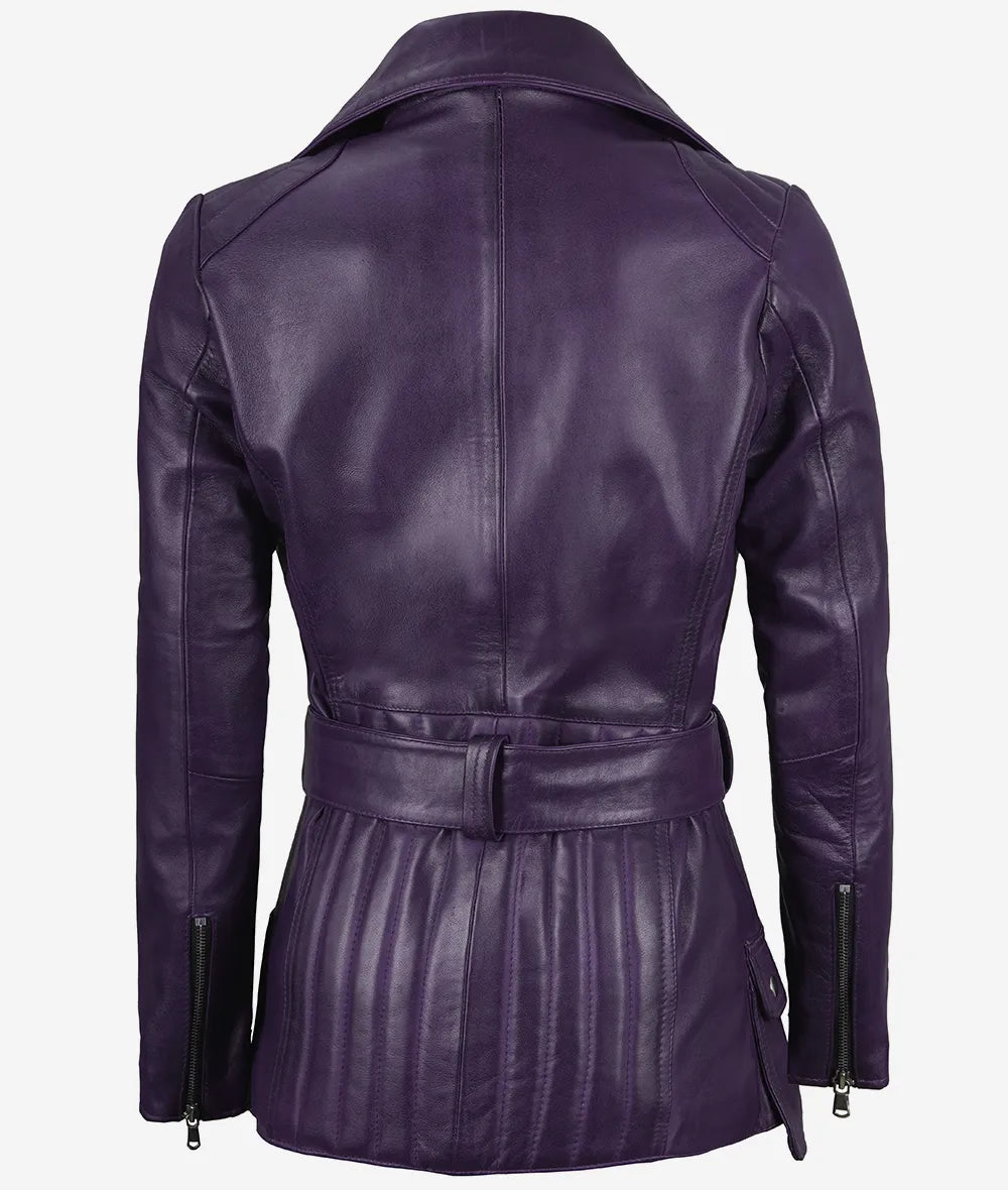 Womens Purple Belted Moto Leather Jacket