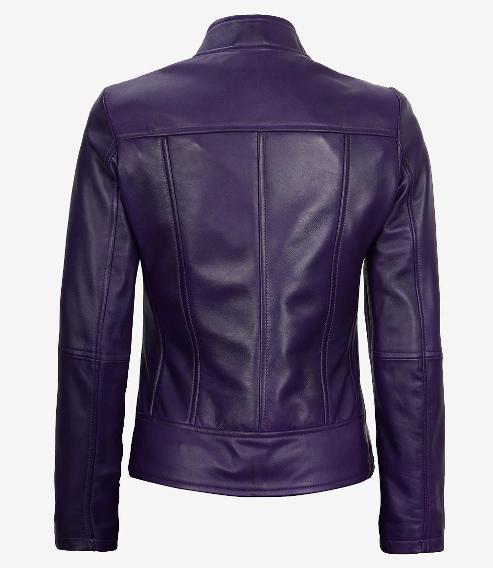 Womens Biker Cafe Racer Purple Leather Jacket