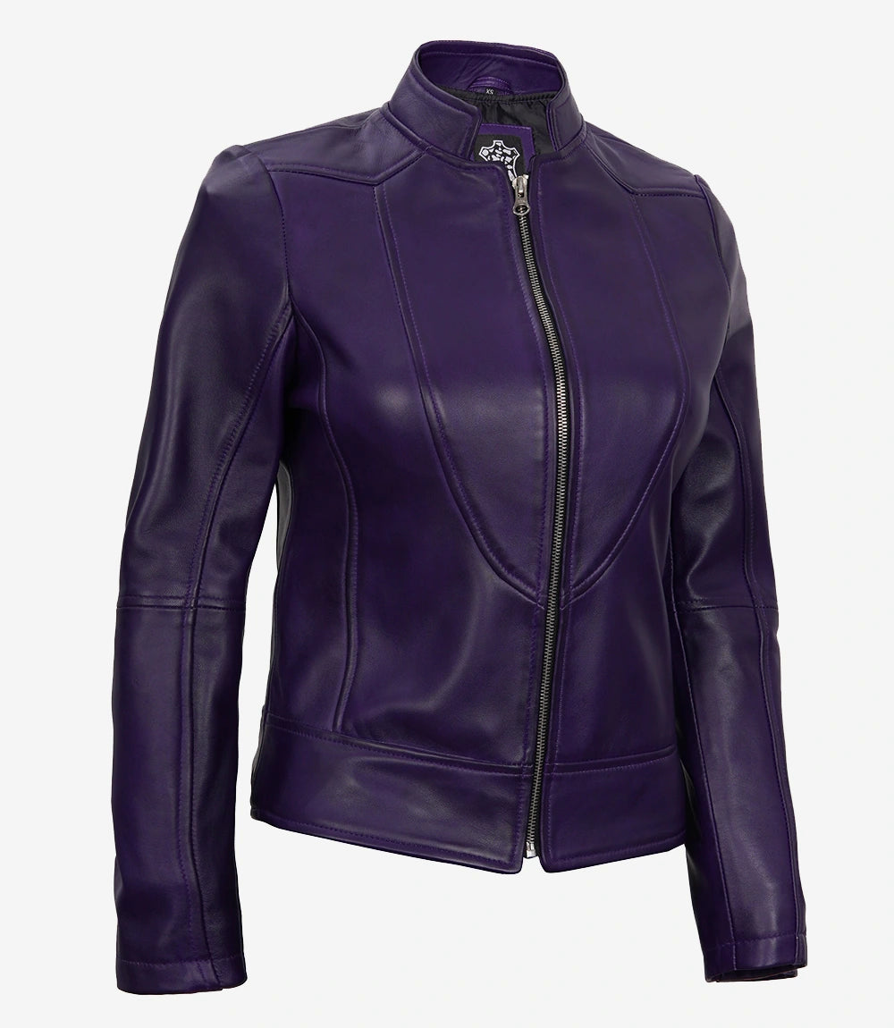 Womens Biker Cafe Racer Purple Leather Jacket
