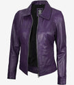 Womens Shirt Collar Purple Leather Jacket