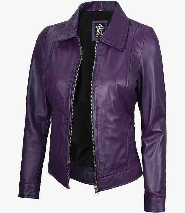 Womens Shirt Collar Purple Leather Jacket