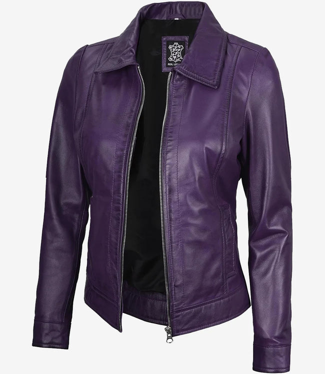 Womens Shirt Collar Purple Leather Jacket