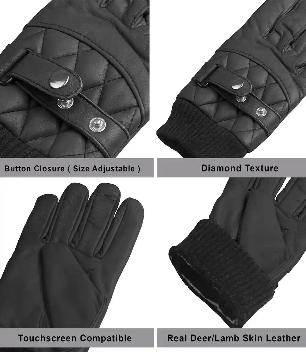 Mens Black Quilted Leather Gloves