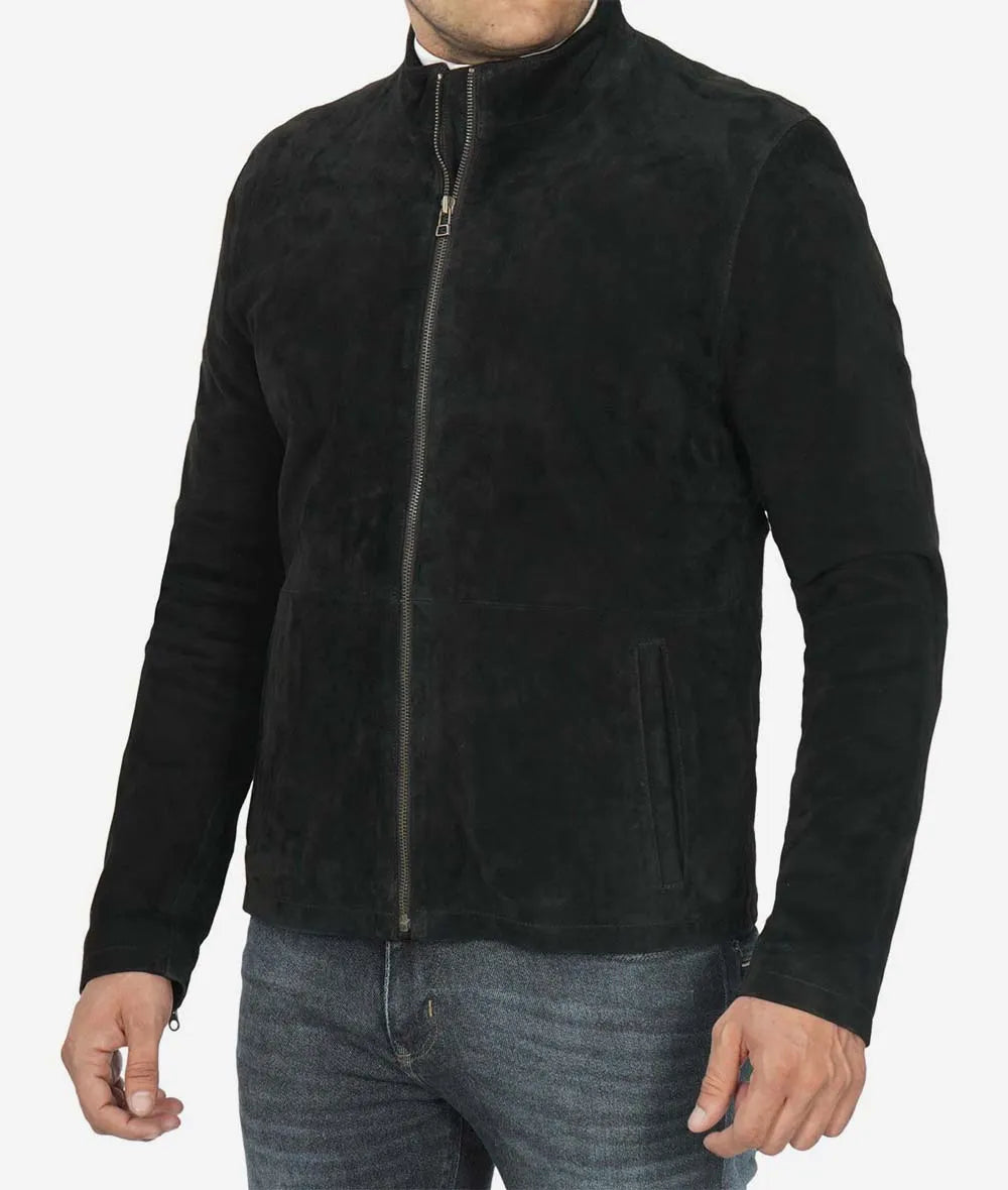 Mens Real Suede Leather Black Biker Jacket