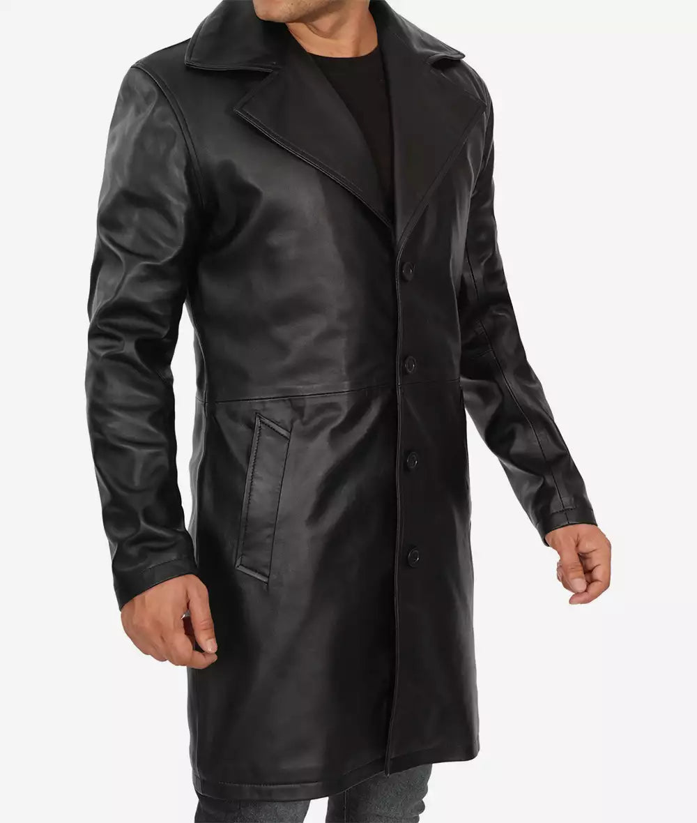 Jackson Mens Peak Lapel Long Black Leather Coat