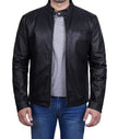 Black Snap Button Collar Cowhide Jacket Mens