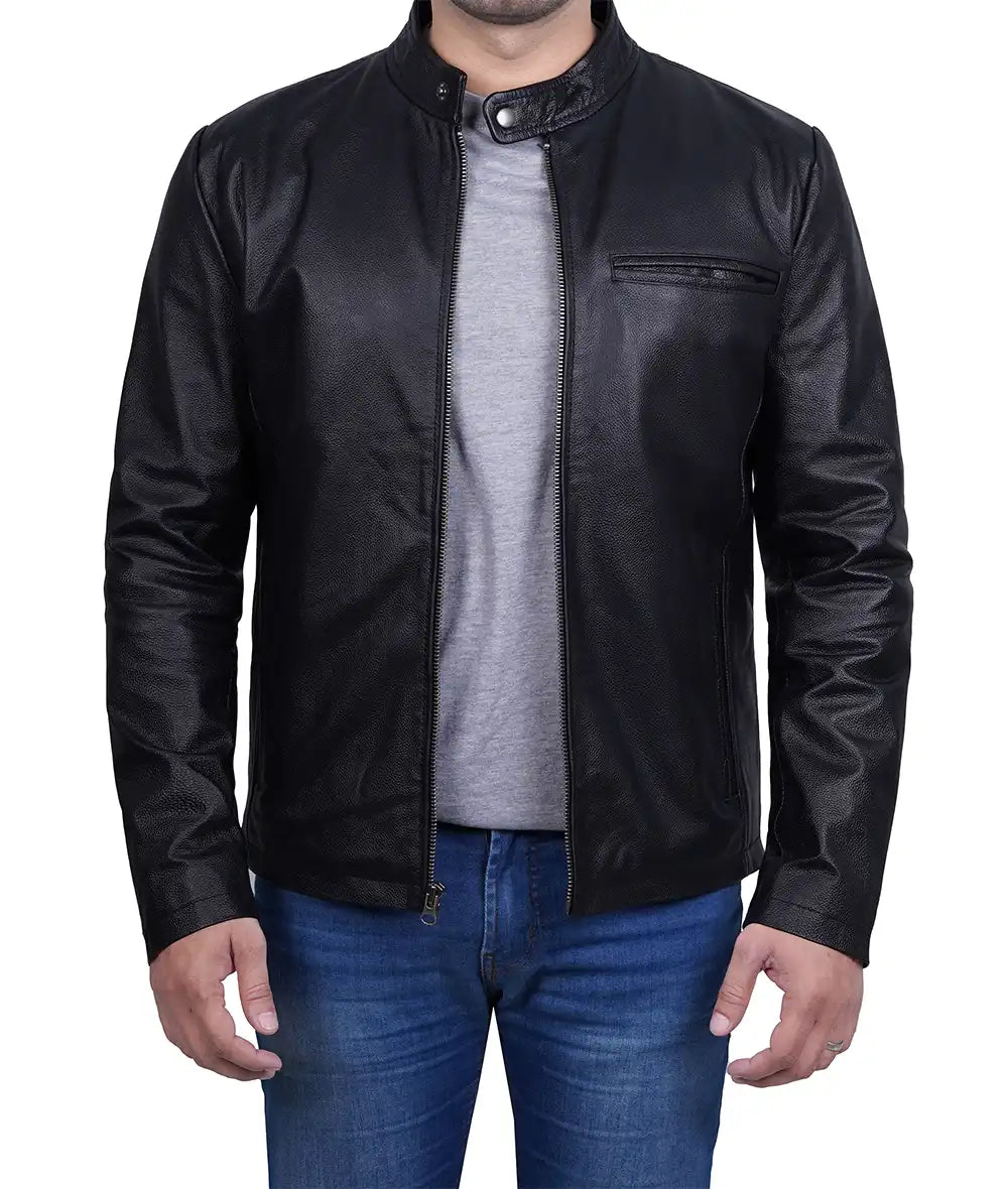 Black Snap Button Collar Cowhide Jacket Mens